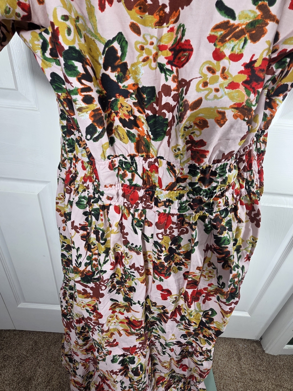 Maeve Anthropologie Floral Maxi Dress Pink Smocked Waist Short Sleeve XL - Picture 7 of 10